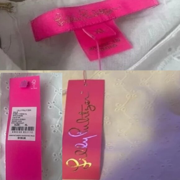 Lilly Pulitzer White Ditsy Vine Eyelet Short Puff Sleeved XL Blouse 🆕📦⌚🏃💨⚡🚚 - Picture 14 of 16